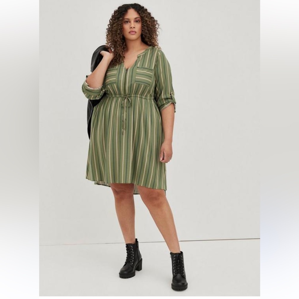 Torrid Mini Challis High Low Green Striped Dress - Size 4